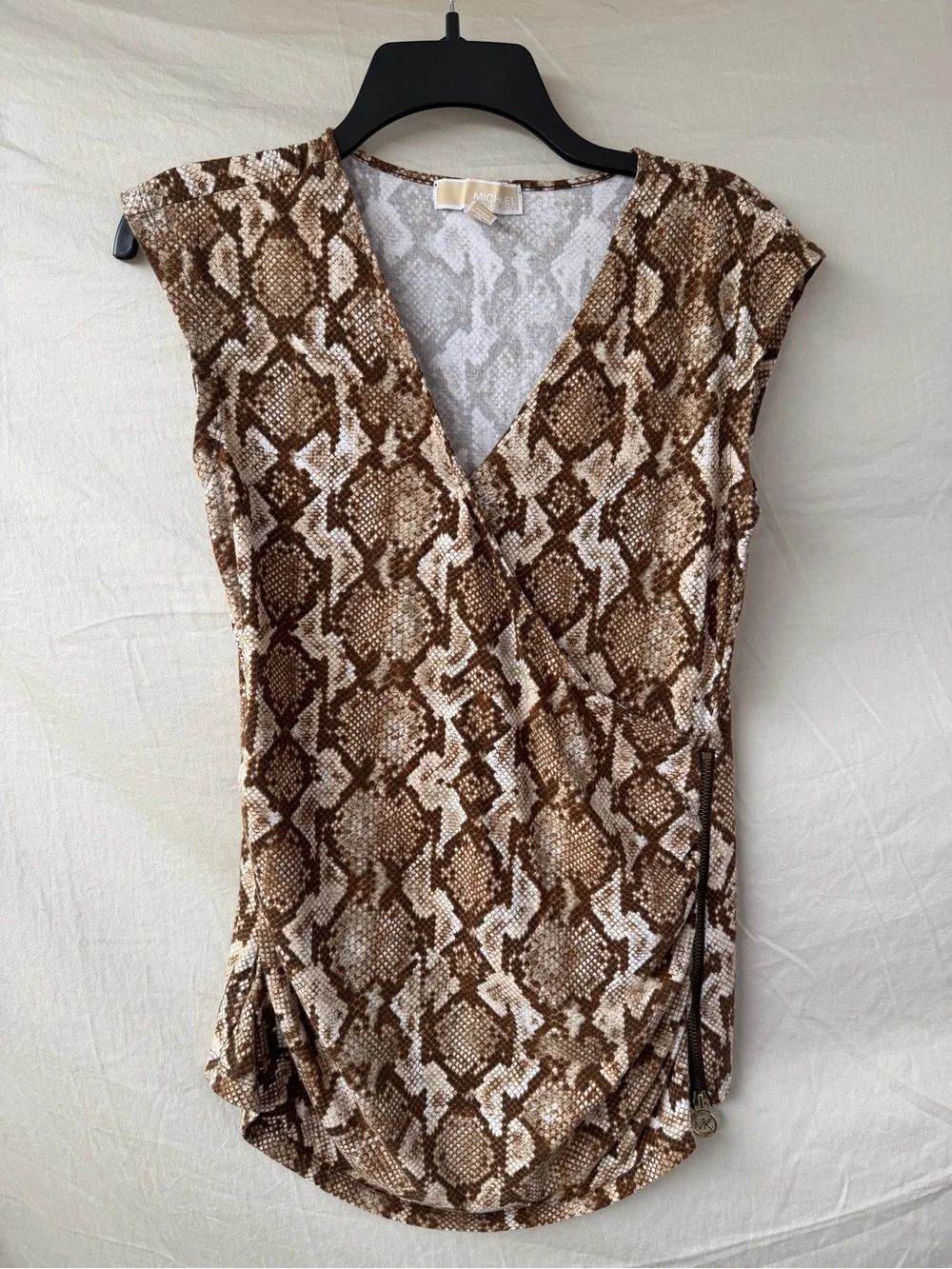 MICHAEL Michael Kors Brown & Cream Snake-Print Faux-Wrap Tunic Top - Picture 1 of 3